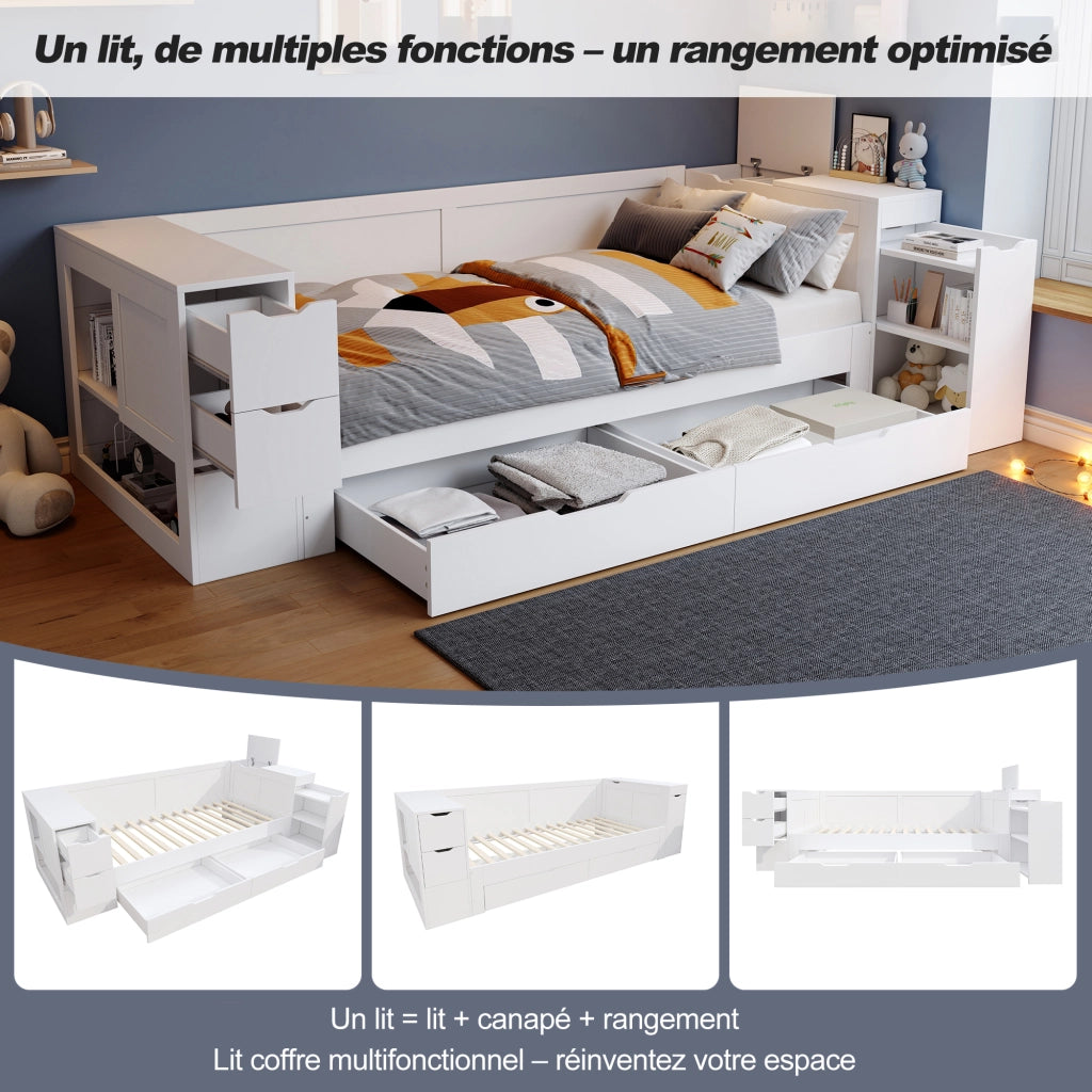 OKWISH Letto Bambino 90×190 cm, Letto Singolo con 1 Cassetto, Vano Laterale e Comodino Scorrevole, senza Materasso, in MDF, Bianco