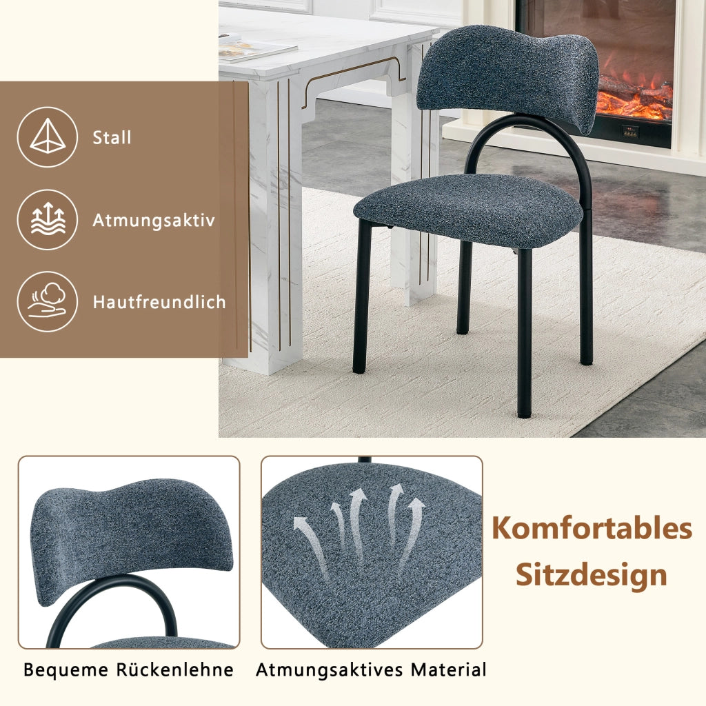 Set di 2 sedie da sala da pranzo moderne imbottite con schienale curvo e struttura in metallo nero, tessuto blu