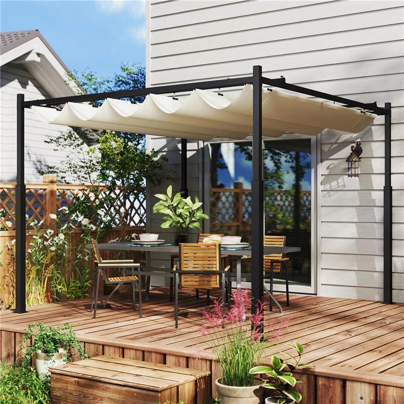 GAZEBO PERGOLA 3X3 M CON TETTUCCIO RETRATTILE 8 VITI E 8 PICCHETTI IN POLIESTERE 180G E METALLO BIANCO CREMA