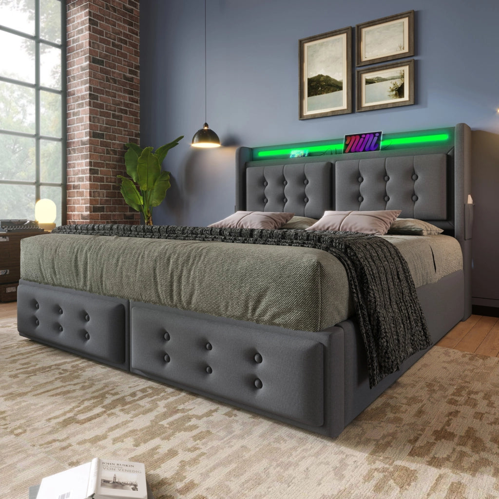 Letto matrimoniale 180x200 cm con testiera LED; prese e porta USB Type-C; grigio