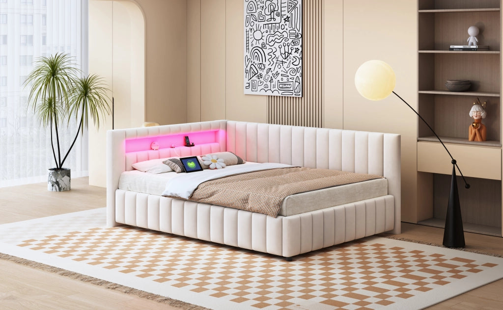 DESMIU Letto divano 140 × 200 cm 2 posti con LED, USB, schienale e testiera, senza materasso, beige