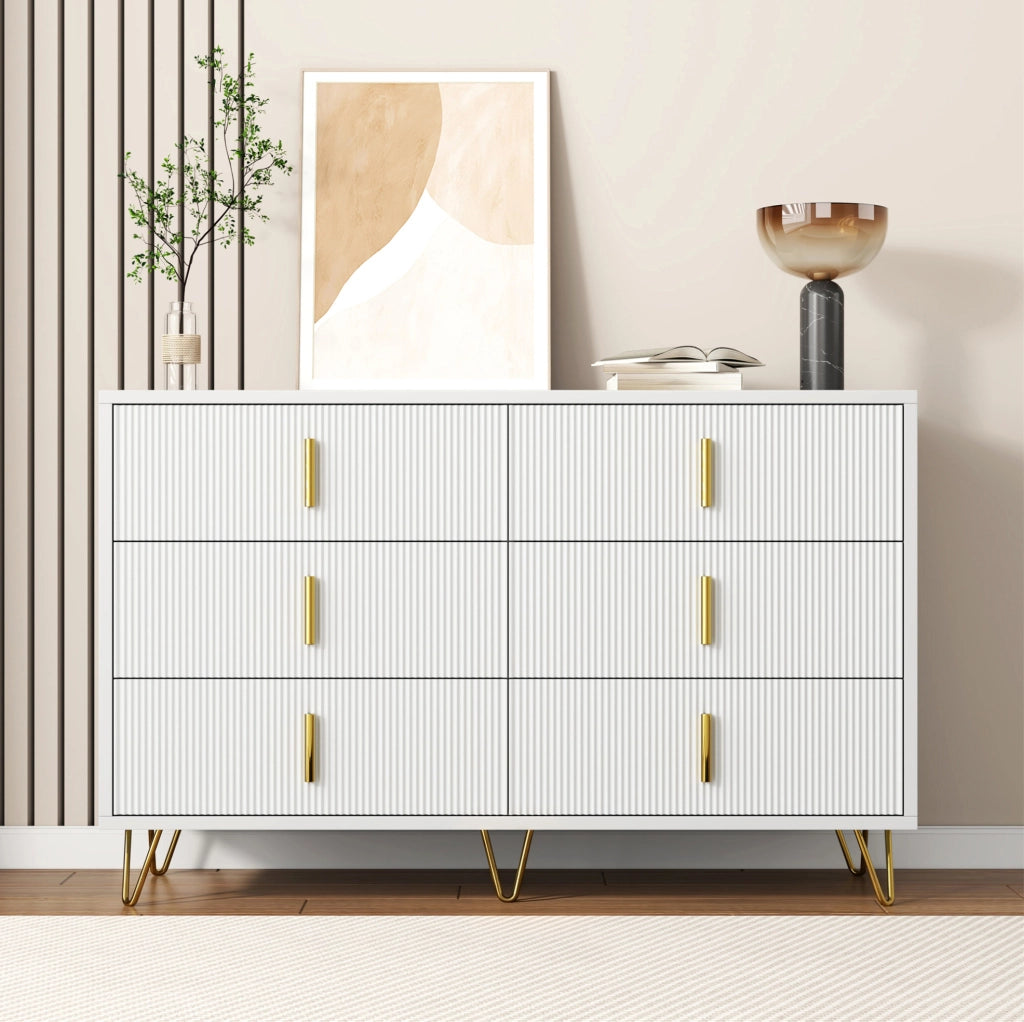 Credenza sideboard moderna 120 x 77 x 40 cm con 6 cassetti; bianco e oro in truciolare