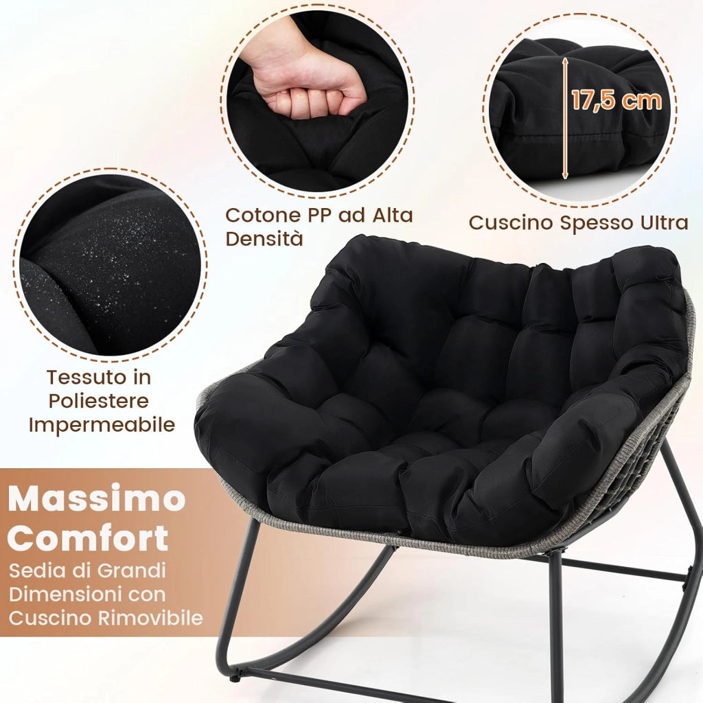 Sedia a Dondolo da Esterno, Poltrona in PE Vimini con Cuscino Rimovibile, Poltrona Relax in Rattan con Struttura in Metallo, per Soggiorno, Balcone, Giardino, Portata 150 kg (Nero)