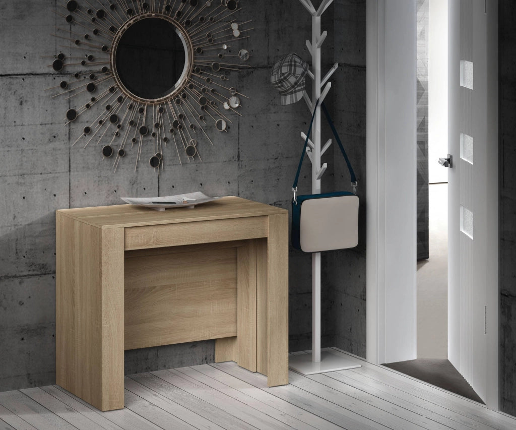 Consolle Abicitren, Tavolo da pranzo allungabile, Tavolo con allunghe multiuso estensibile fino a 10 posti, cm 51/237x90h78, Rovere
