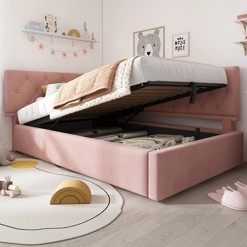 LETTO Giorno a L con contenitore 90x190 cm in velluto rosa