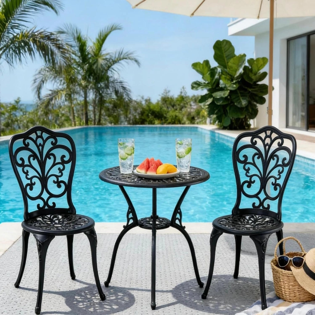 Soggiorno da giardino a 2 posti, tavolo da esterno e 2 sedie con schienale in alluminio pressofuso, foro per ombrellone, stile vintage, mobili da giardino 3 pezzi per terrazza, balcone, patio