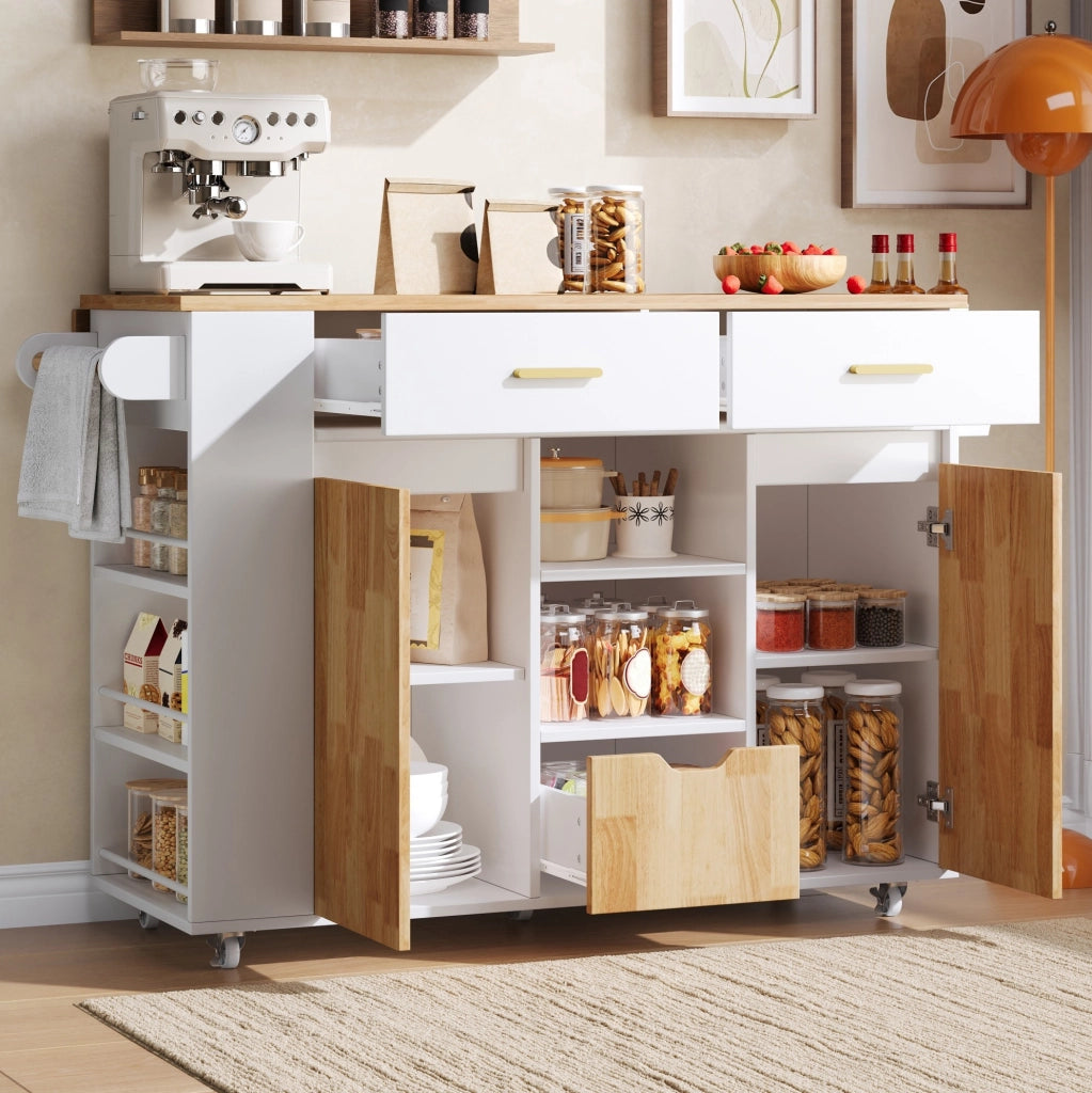 Isola da cucina mobile con piano pieghevole e cassetti