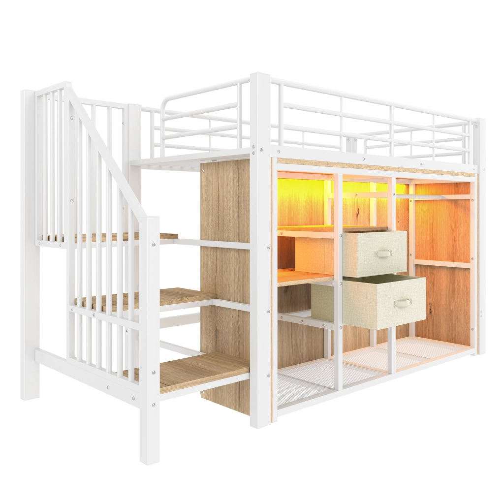Letto a soppalco singolo 90×200 cm con 2 cassetti; guardaroba aperto; LED e ripiani; senza materasso; bianco