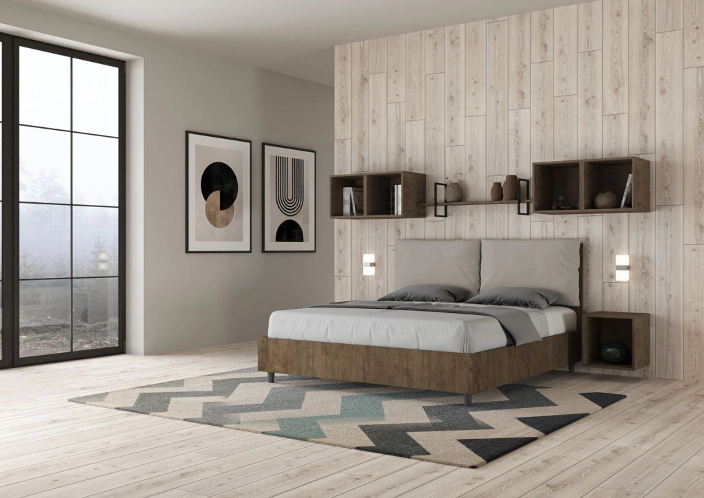 Letto matrimoniale senza rete 160x190 bianco frassino cuscini similpelle cappuccino Egos Antea
