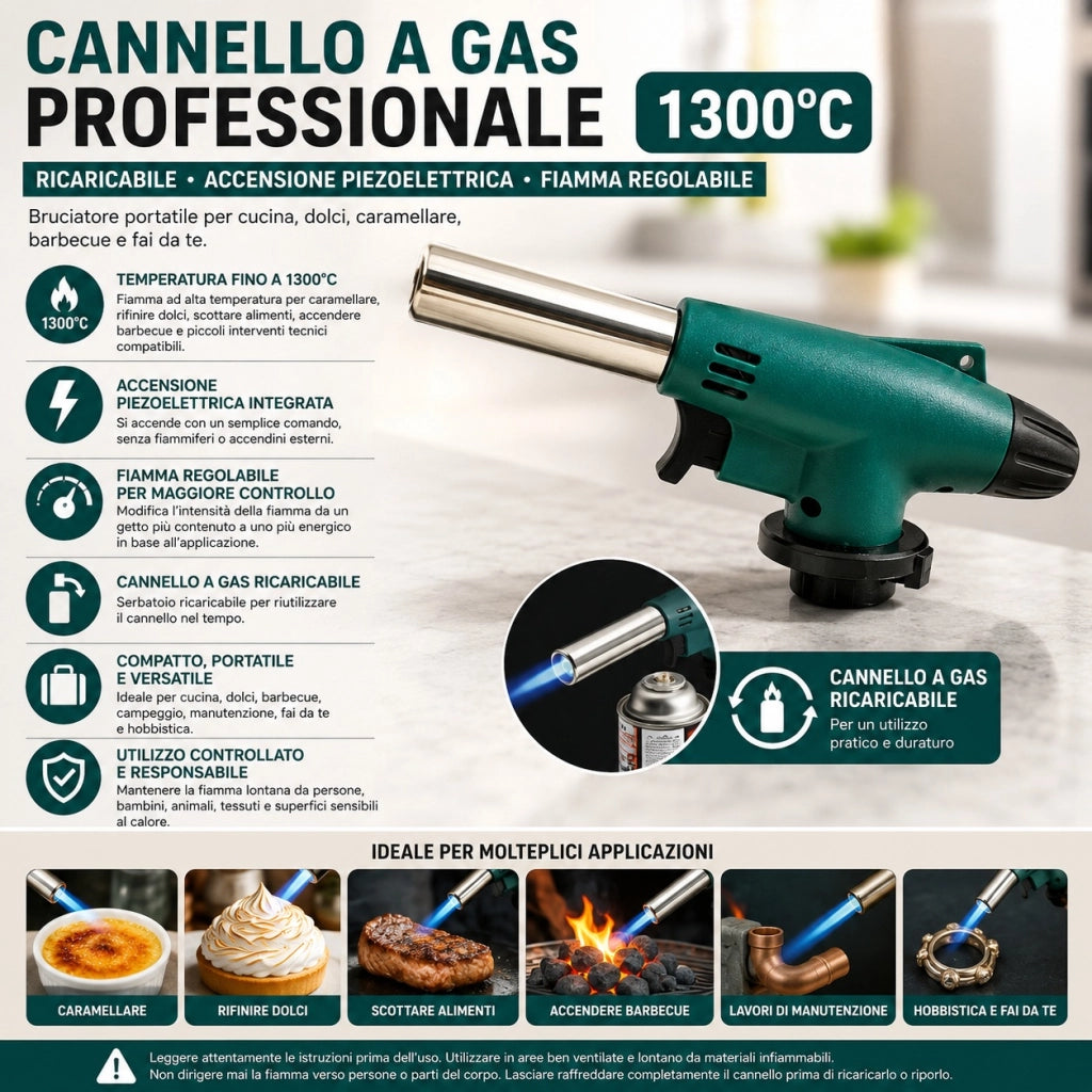 Cannello a Gas 1300°C Ricaricabile con Accensione Piezoelettrica VHT02461