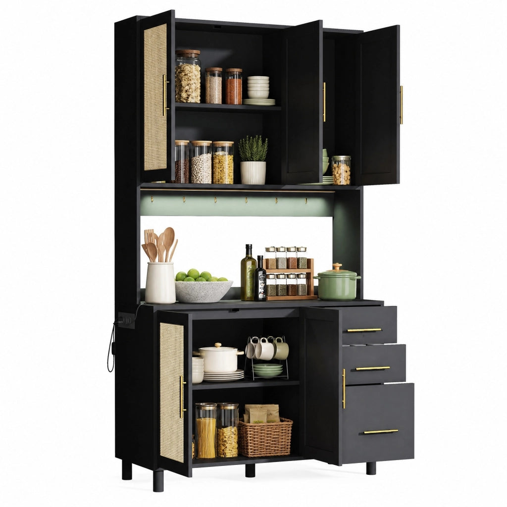 Credenza da cucina 183 cm con illuminazione LED multicolore, prese USB, ripiani regolabili e 3 cassetti