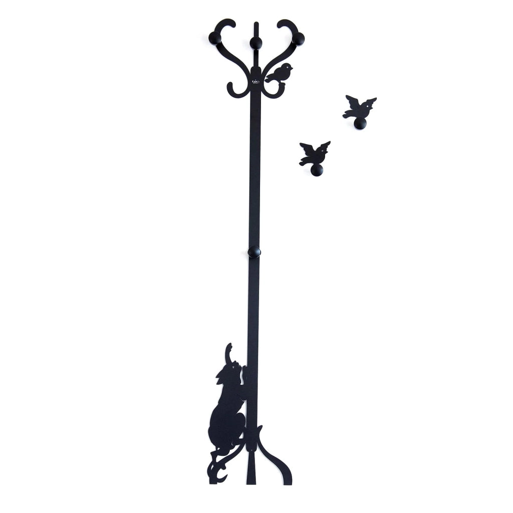 Appendiabiti Romeo e gli uccellini da parete in ferro con pomelli in legno, Design decorativo Made in Italy 30x130 cm, Stile romantico e creativo