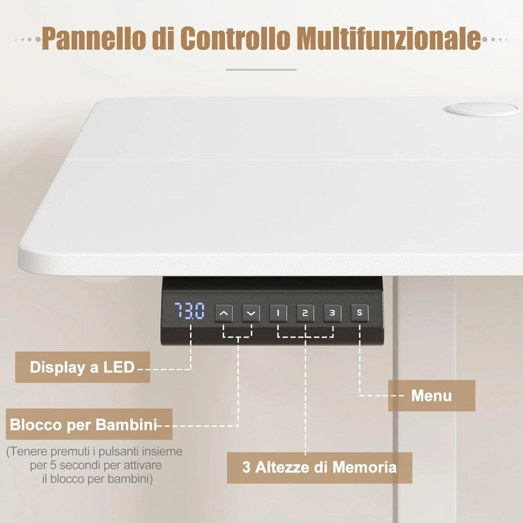 Scrivania Regolabile in Altezza 160 x 60 cm, Scrivania Elettrica con Pannello Smart Anticollisione, Scrivania per Computer con 2 Fori per Cavi e 2 Ganci, per Ufficio e Studio, Bianco