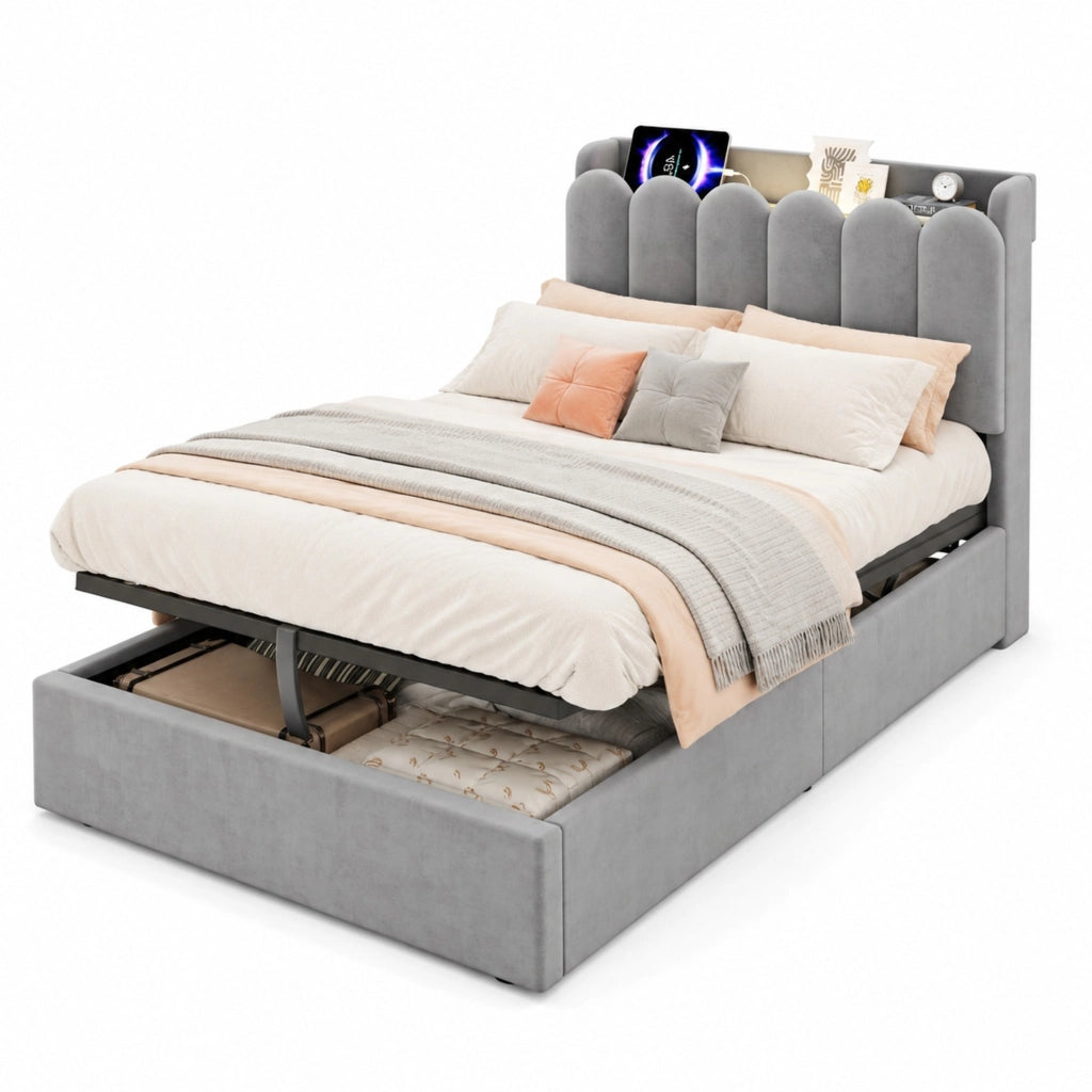 Letto singolo imbottito per bambini 90x200 cm con contenitore, doghe incluse, USB/Type-C e luce, velluto grigio