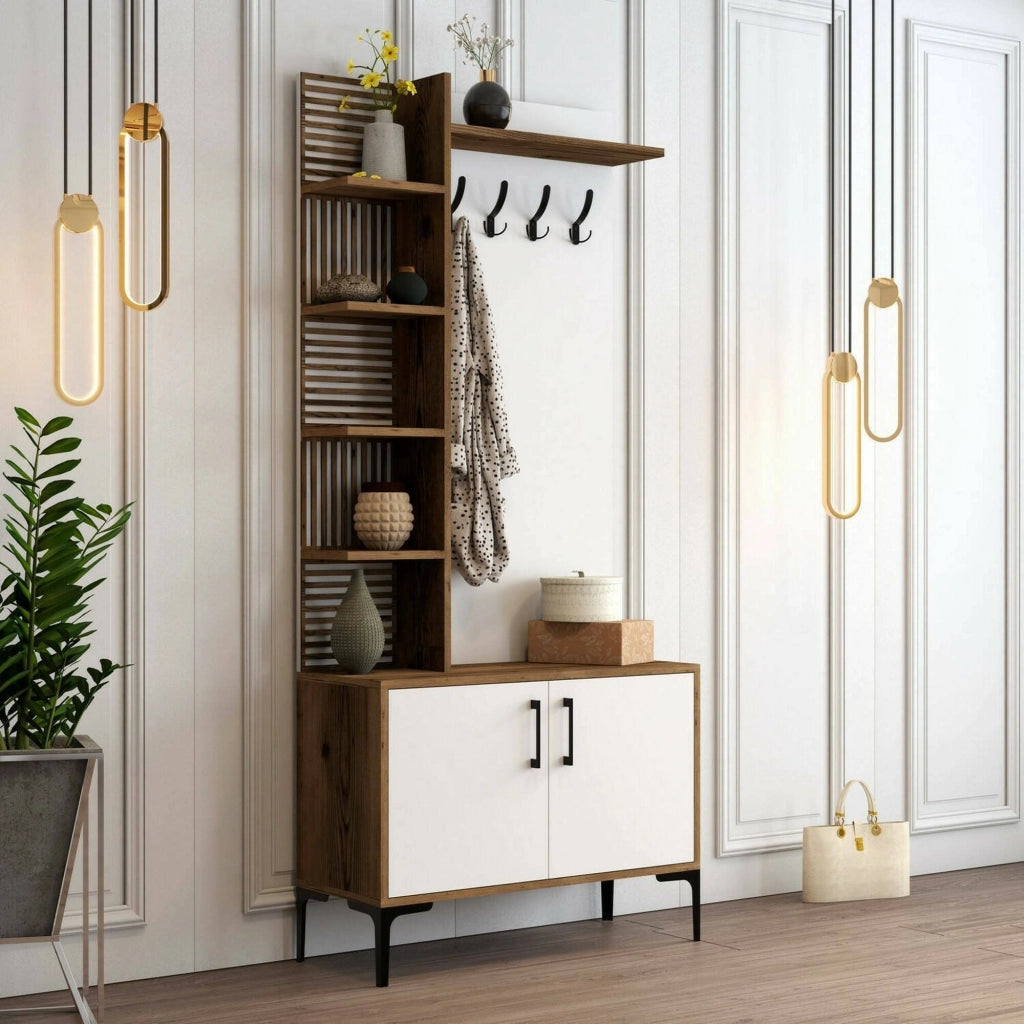 Mobile da ingresso Anja, Entratina appendiabiti, Composizione per atrio, Consolle portaoggetti multifunzione, 90x35h200 cm, Noce e Bianco
