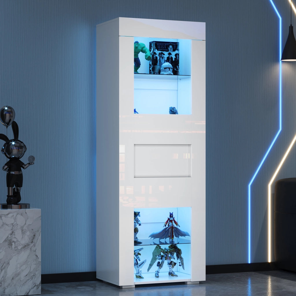 Vetrina con 1 anta e 4 vani con LED; ripiani regolabili e frontale lucido; per soggiorno; 60×40×170 cm