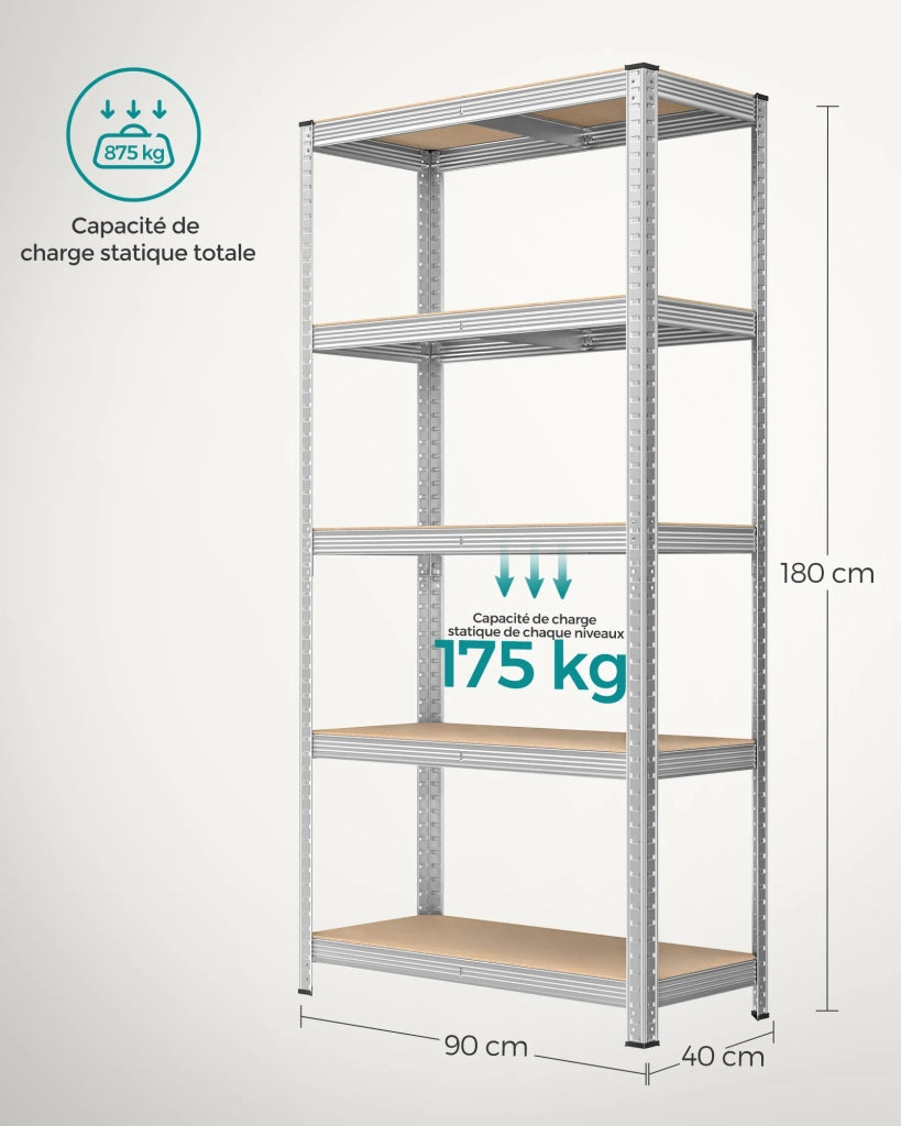 Scaffale portaoggetti a clip in acciaio per impieghi gravosi ripiano in MDF a 5 livelli 180 x 90 x 40 cm capacità 875 kg garage 12_0003745
