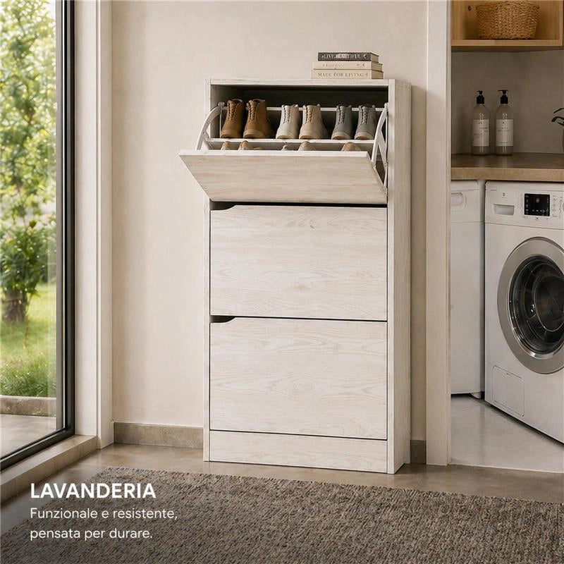 SCARPIERE A 3 ANTE CON PANNELLO RETROSTANTE IN MDF COLORE BIANCO LEGNO MISURA 63X24X115 CM LINEA HARMON