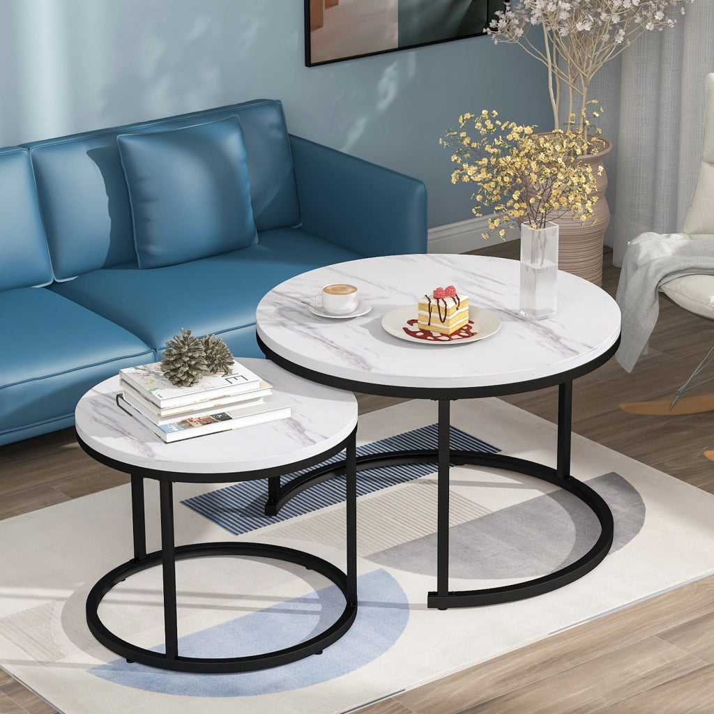 Set di 2 tavolini da salotto 80x80x12 cm; impilabili con piano effetto marmo; MDF; marmo