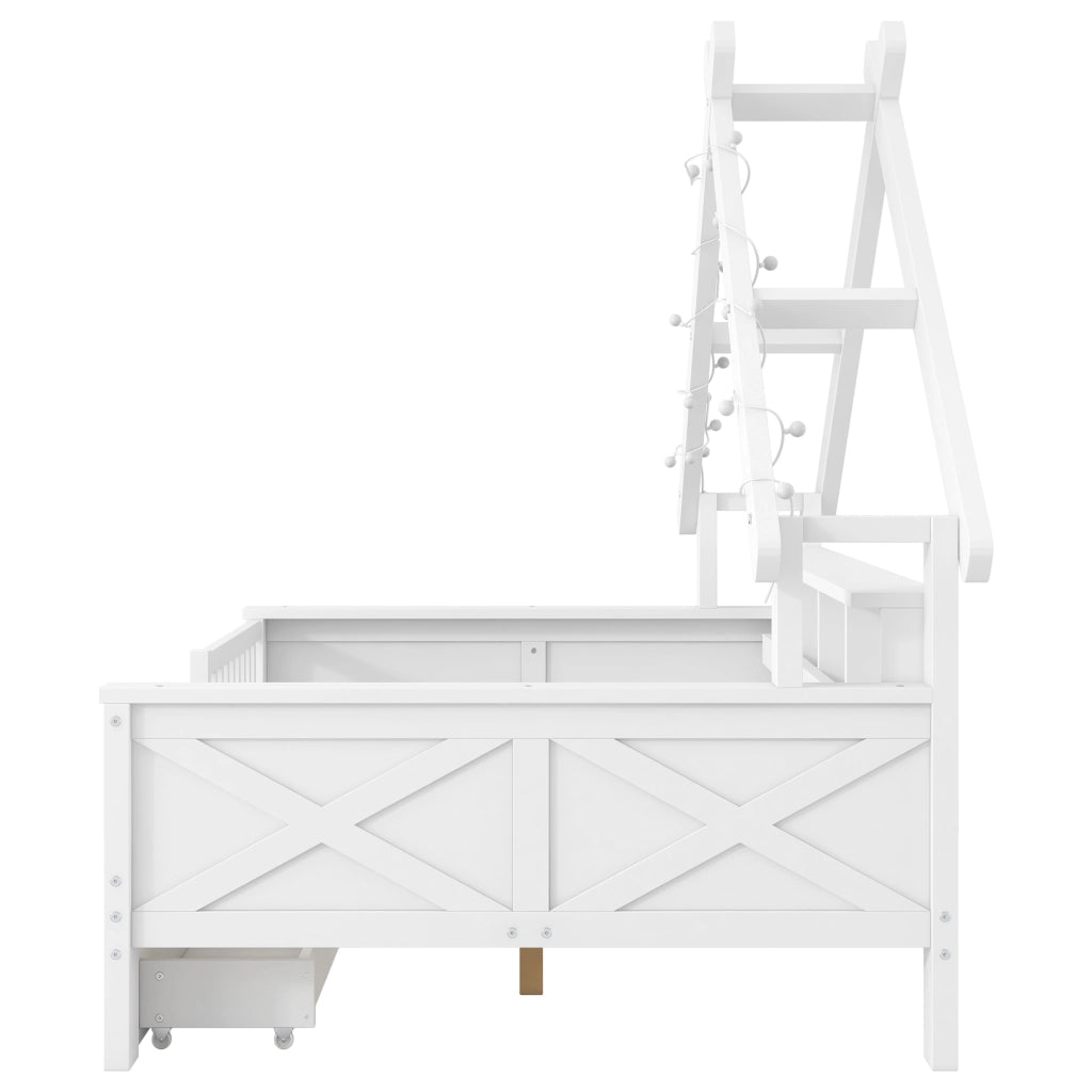 Letto per bambini 140×200 cm con LED; 2 cassetti; ripiani e barriera di sicurezza; senza materasso; bianco
