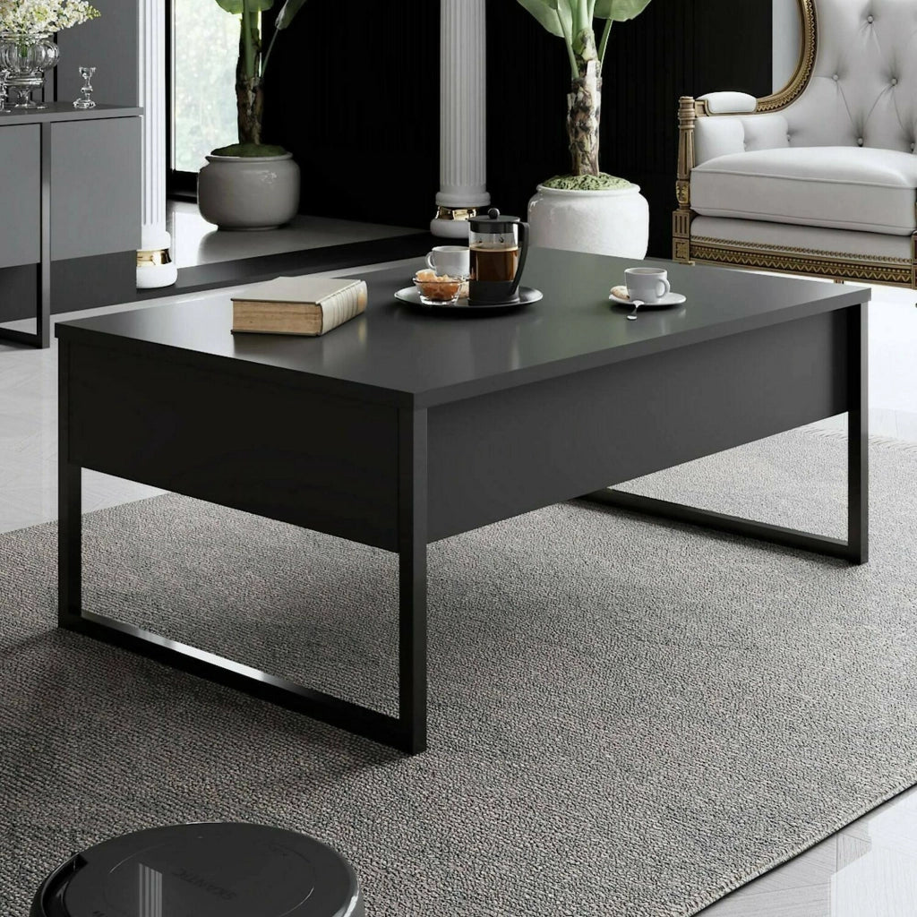 Tavolino da salotto Lavinia, Tavolo basso da caffè, Portariviste per divano, Ripiano da soggiorno, 90x60h40 cm, Antracite e Nero