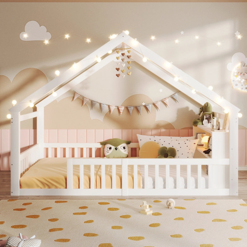 Letto a casetta 140x190 cm con sponde e scaffali in legno e MDF bianco