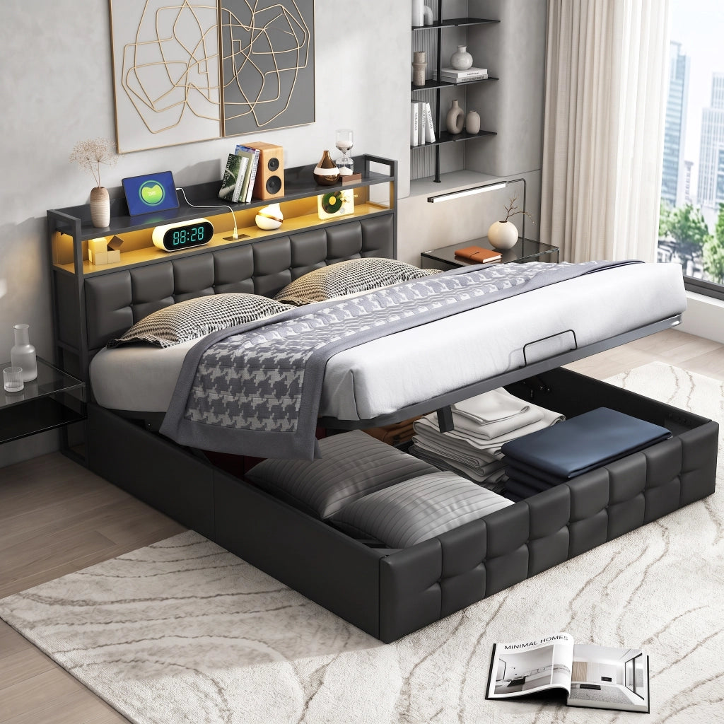 Letto matrimoniale 140x190 cm con contenitore LED USB testiera struttura letto MDF e PU - grigio