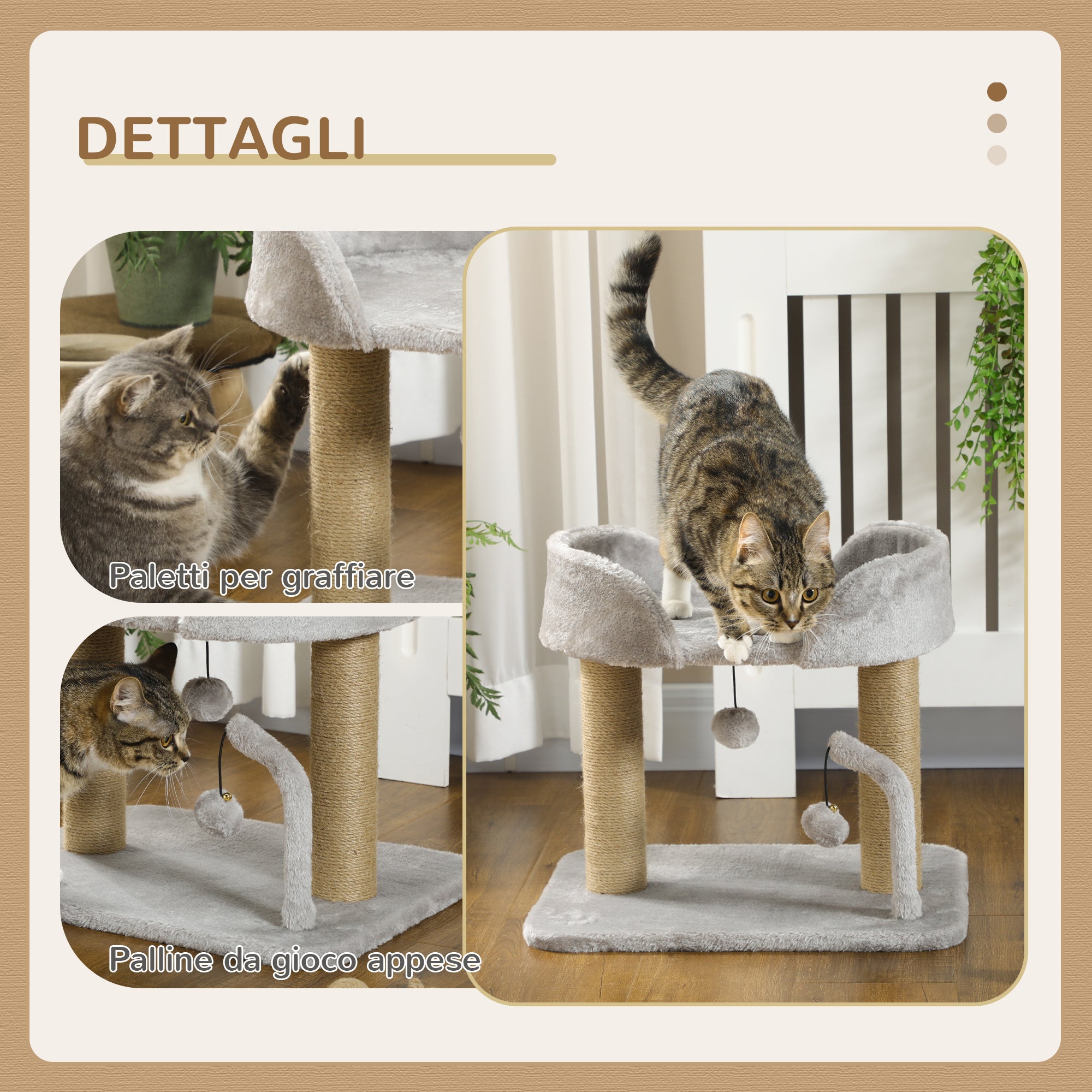 Albero per Gatti con Tiragraffi 48x38x42 cm con Lettino e Palline in Juta Grigio