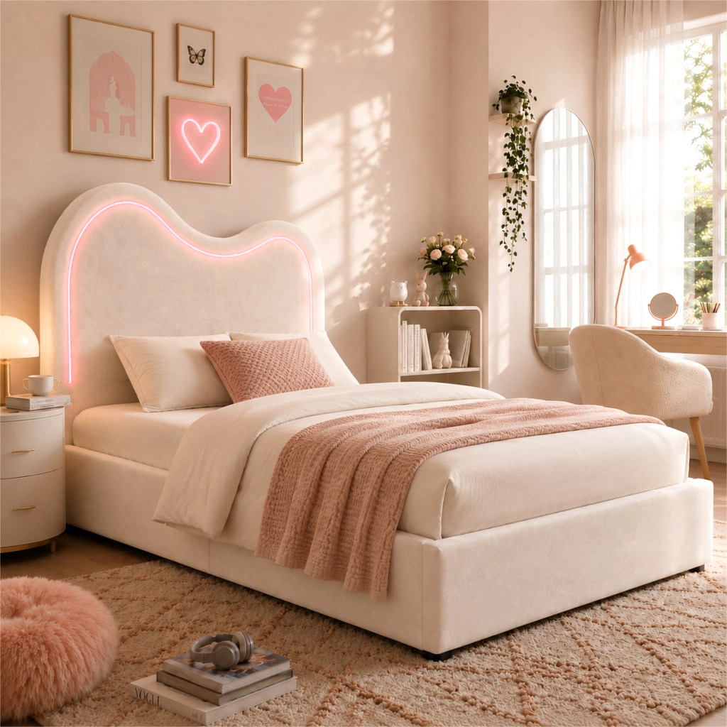 Letto imbottito per bambini con contenitore idraulico, 90x200 cm, velluto beige