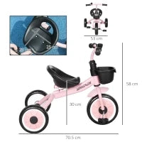 Triciclo per Bambini da 2-5 Anni con Seduta Regolabile e Campanello, 70.5x50x58cm, Rosa