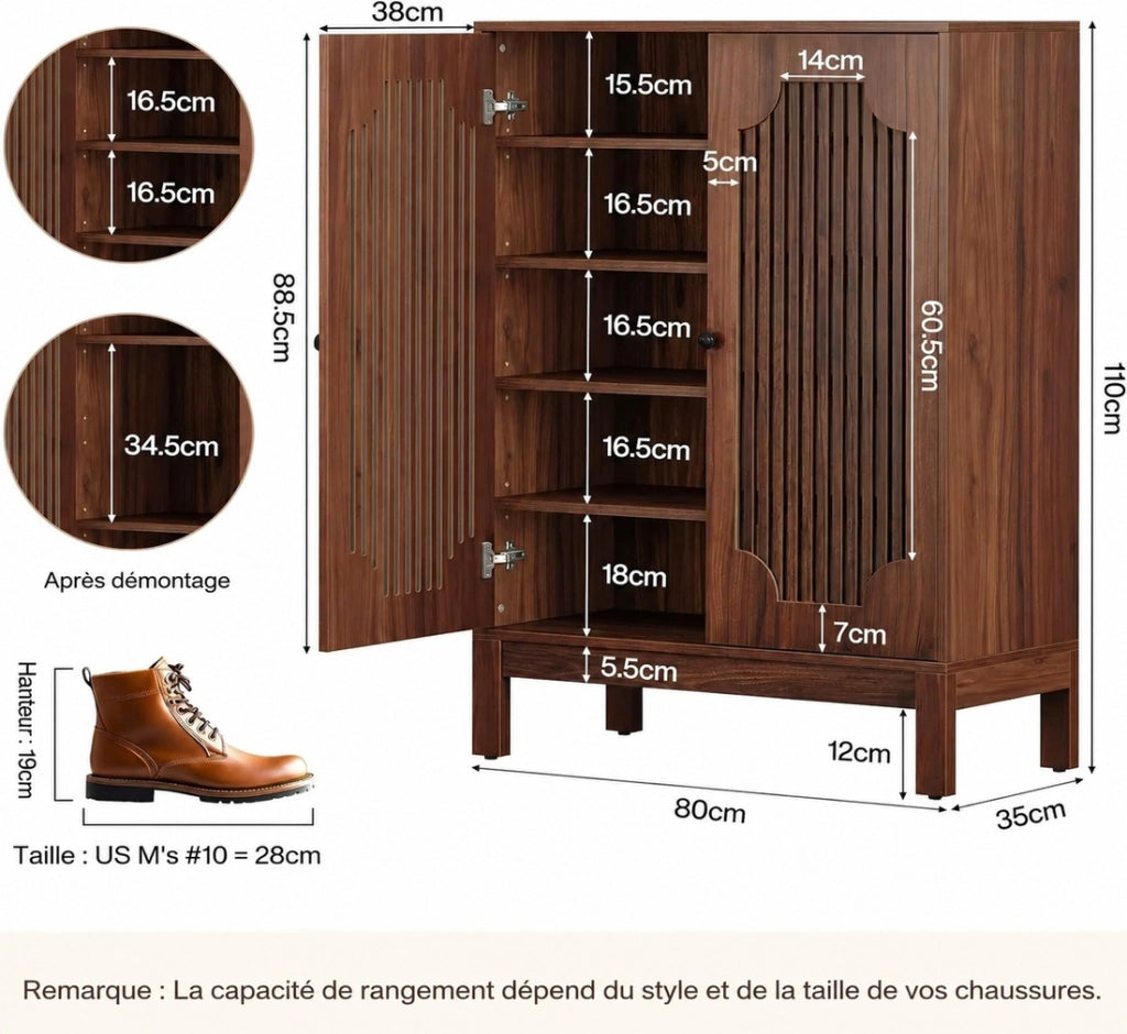 Scarpiera alta in MDF marrone rustico con 4 ripiani regolabili