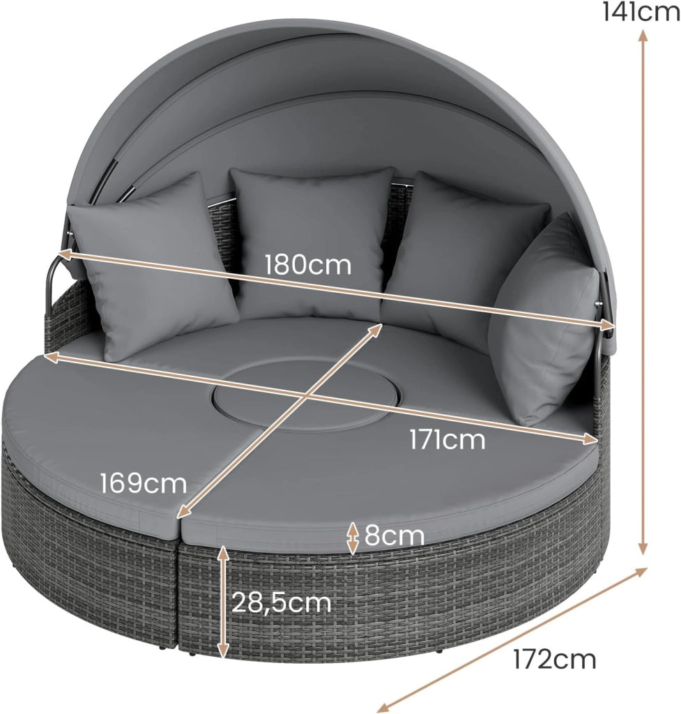 Divano da giardino rotondo in rattan PE con baldacchino retrattile, cuscini e cuscini rimovibili, tavolo basso, carico 180 kg, salotto da giardino modulabile per terrazza piscina (grigio)