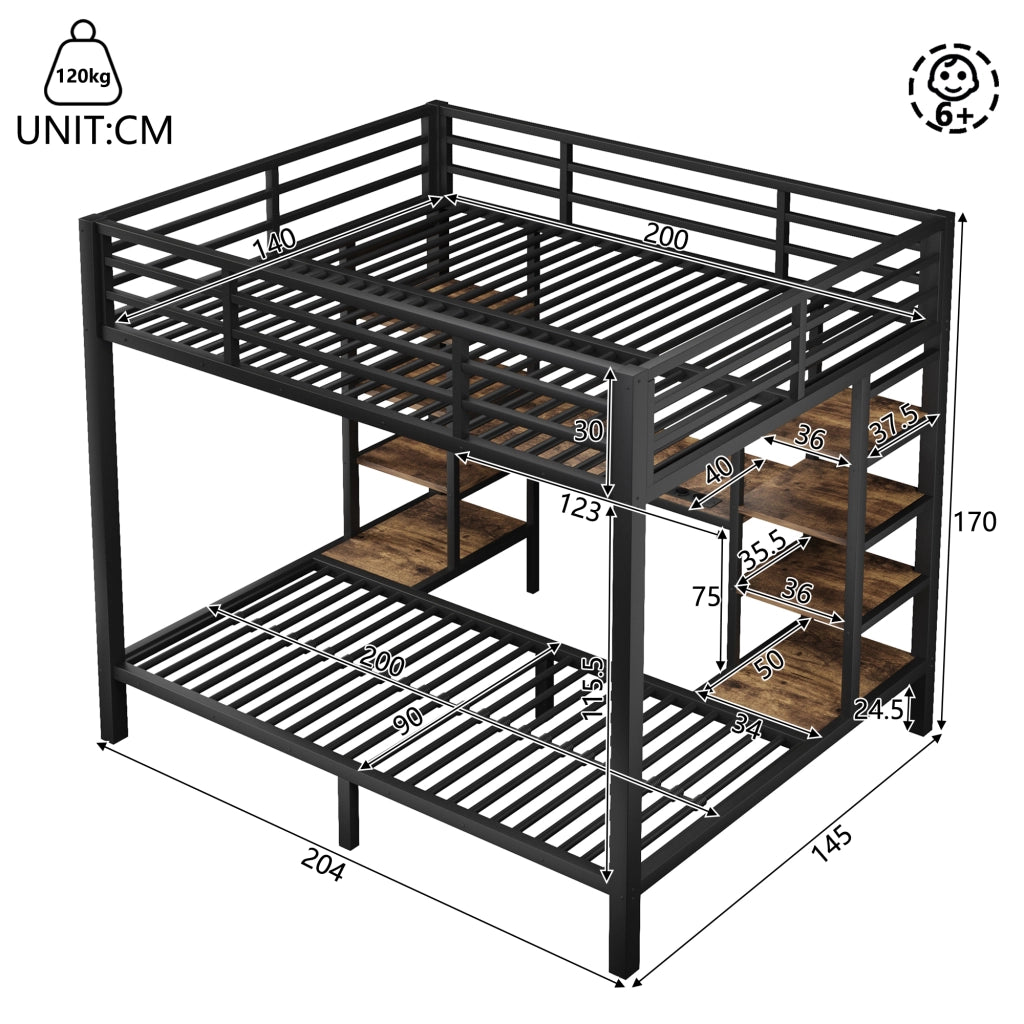 Letto a castello familiare 90x200 / 140x200 cm, 3 posti letto con ripiani portaoggetti, prese USB/Type-C/Jack e illuminazione LED, metallo nero