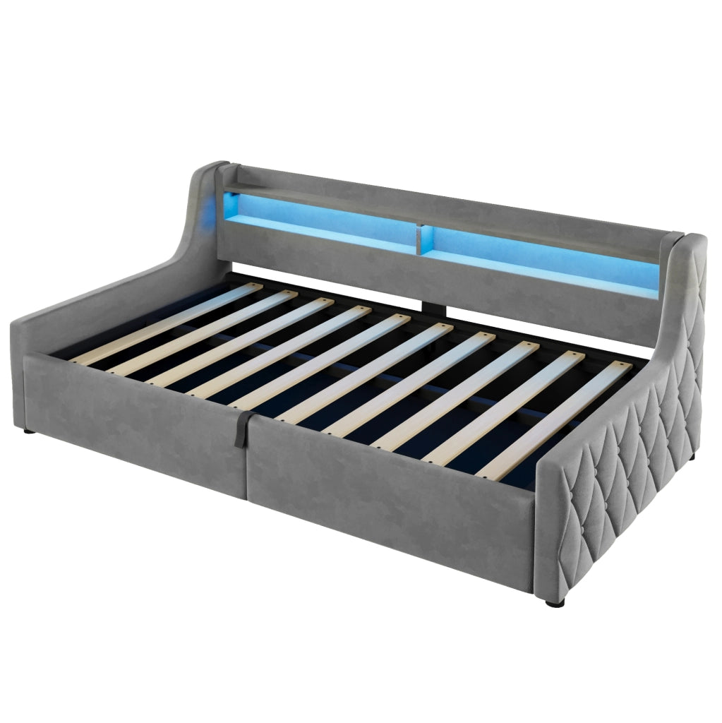 Letto singolo 90x200 in velluto con LED e vano contenitore