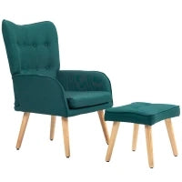 Poltrona con Poggiapiedi, Schienale Alto Trapuntato, Gambe in Legno e Rivestimento in Lino, Verde Scuro