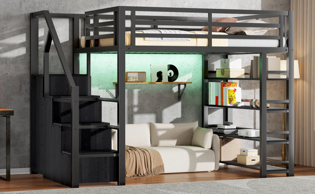 Letto a soppalco 140x200 in metallo nero con armadio, libreria e luci LED integrate