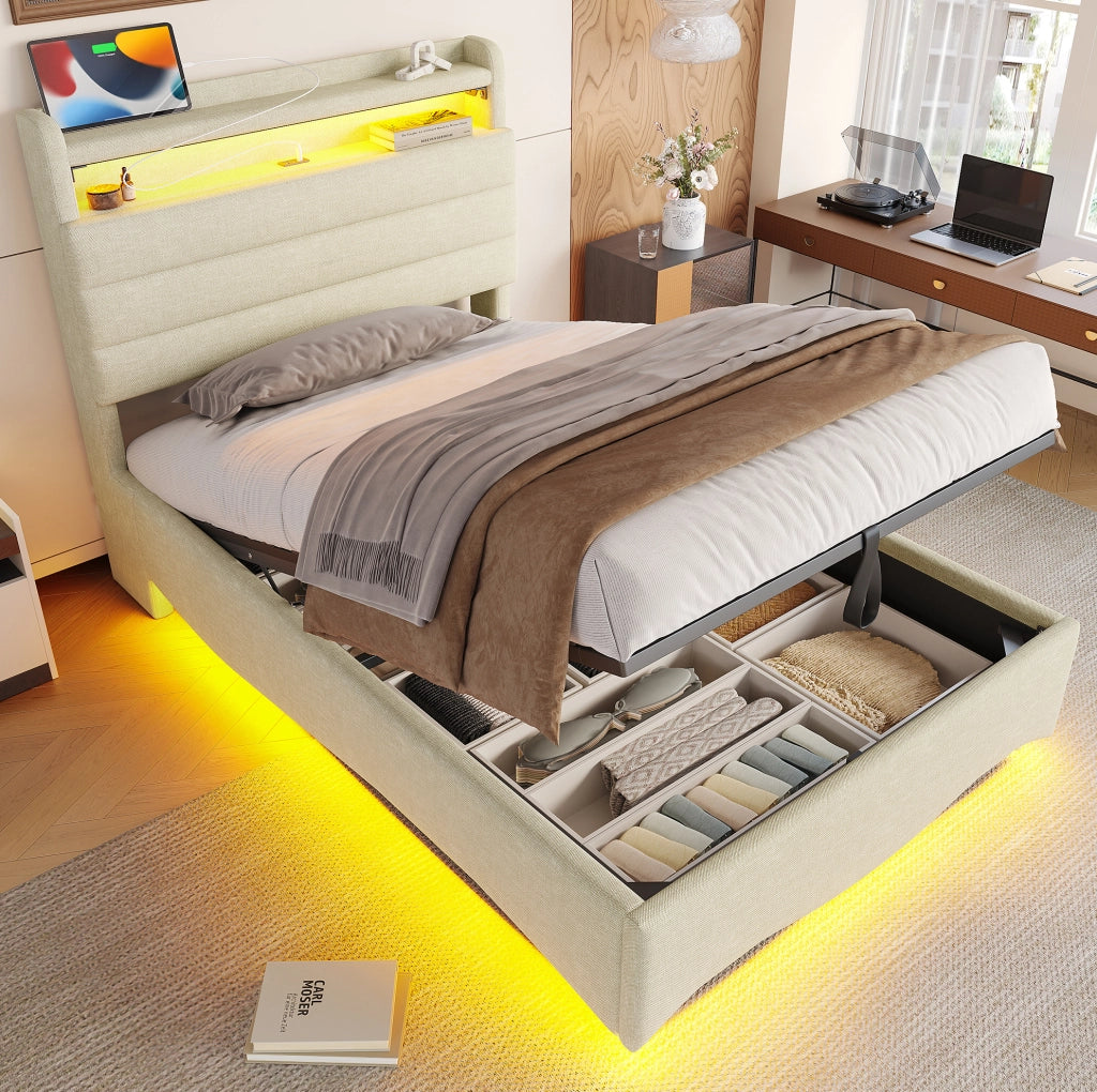 Letto imbottito con contenitore, LED e porte di ricarica