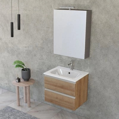 Mobile bagno sospeso 60 cm rovere miele con lavabo e specchio contenitore Master