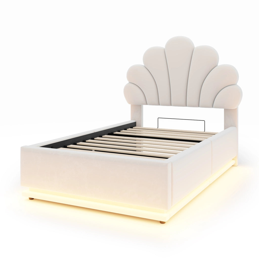 Letto imbottito 90x200 beige con vano contenitore e LED