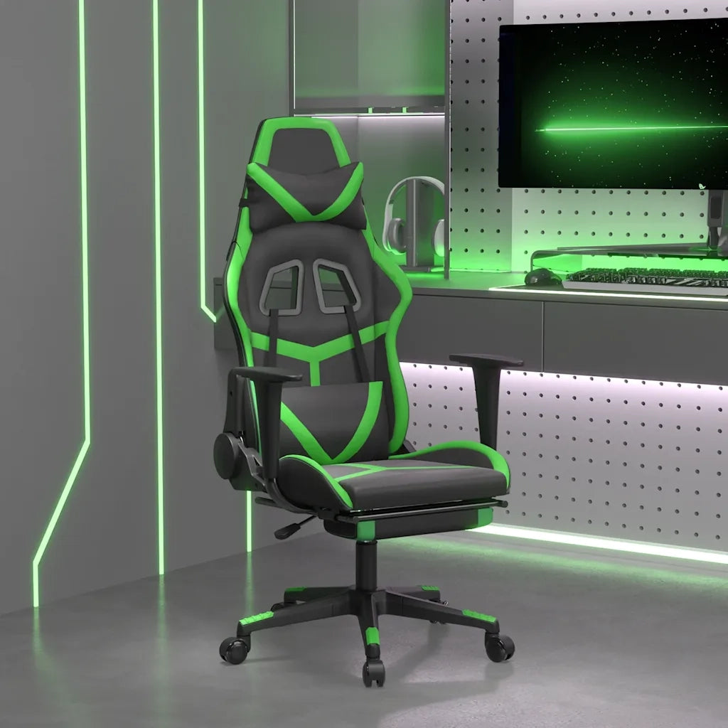 Sedia da Gaming | Sedia da e-sports Massaggio Poggiapiedi Nero e Verde Similpelle