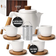 Set di Teiera Ceramica - Teiera con Tazze - 5 Pezzi - Bianco - Ceramica - 1000 ml