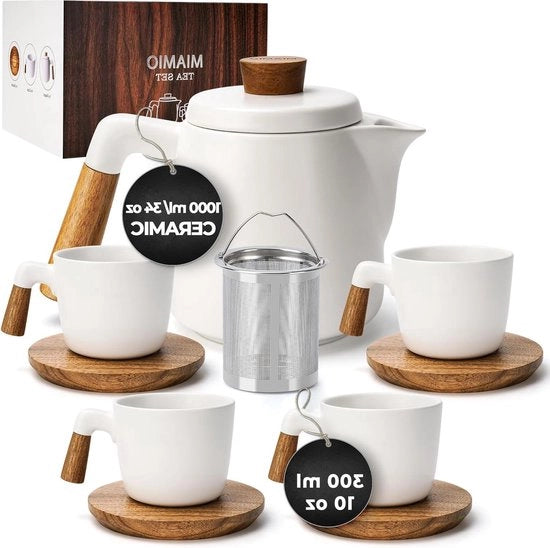Set di Teiera Ceramica - Teiera con Tazze - 5 Pezzi - Bianco - Ceramica - 1000 ml