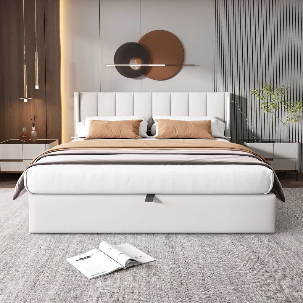Letto matrimoniale 140x190 cm in PU bianco con LED; USB; testiera regolabile e vano contenitore