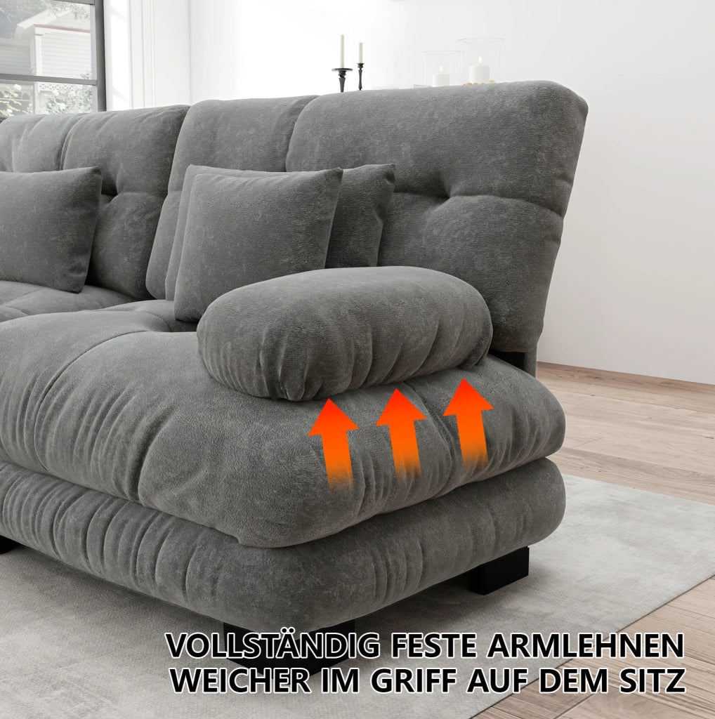 Set di divani modulari con ottomani mobili in ciniglia grigia; 406 × 145 × 81 cm