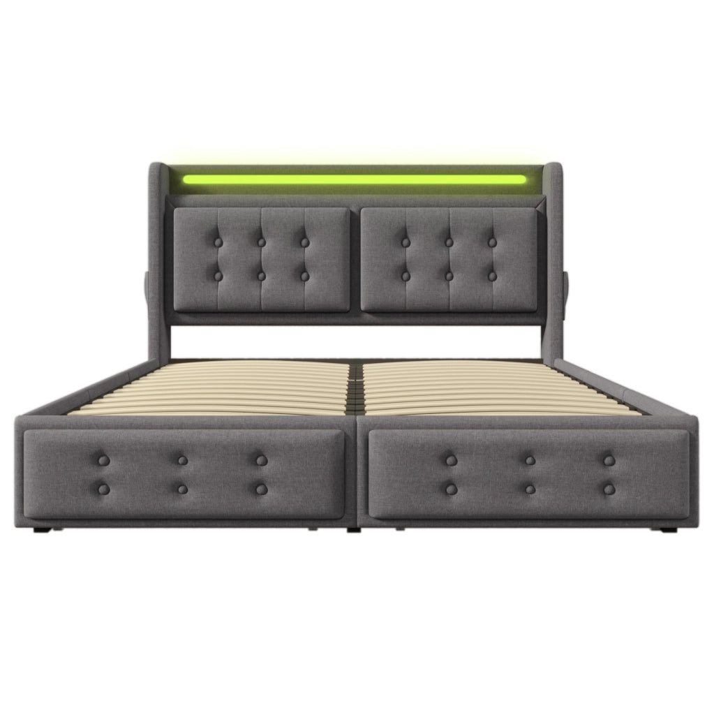 Letto contenitore 160x200 cm con LED; porta USB C e 4 cassetti; tessuto cotone-lino grigio