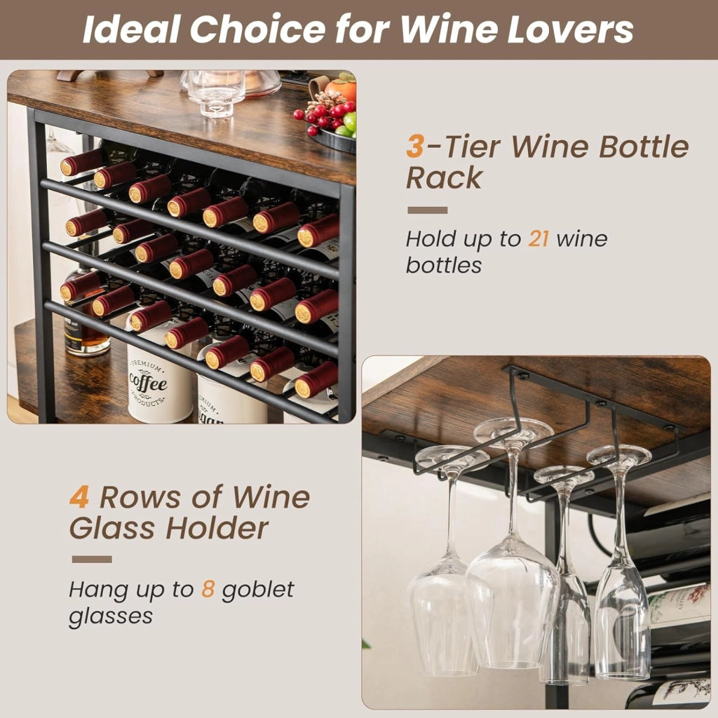 Credenza con portabottiglie per 21 bottiglie, tavolino da cucina sottile con 2 porte USB e 2 prese, portabottiglie a 3 livelli con supporto in vetro, tavolo industriale per vino, 120 x 40 x 92