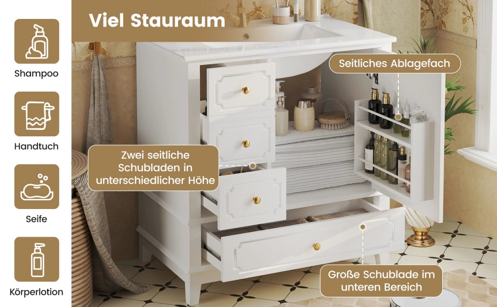 Mobile sottolavabo con lavabo in ceramica, 3 cassetti, vano con ripiano e maniglie oro, per bagno, 76,5 × 47 × 87,5 cm