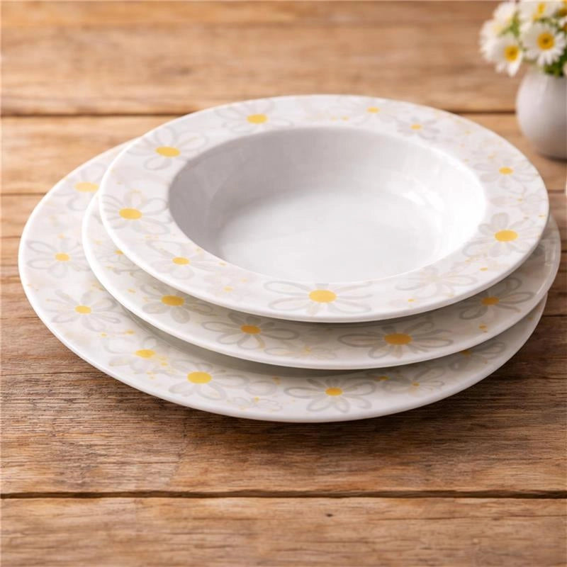 MA MAISON SERVIZIO PIATTI 18 PEZZI IN PORCELLANA CON MARGHERITE, SET TAVOLA 6 PERSONE 6 PIANI 6 FONDI 6 DESSERT BIANCO