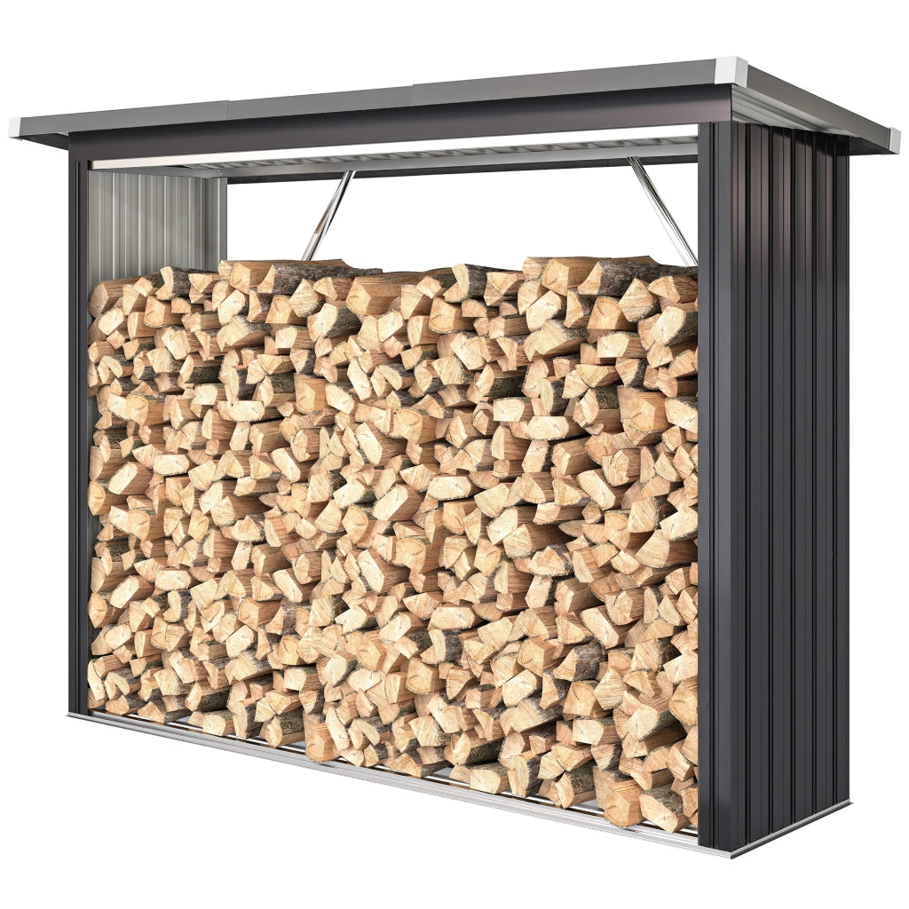 Capanno Portalegna in Acciaio da Esterno, Base Rialzata e Tetto Inclinato, 213x66.5x150 cm, Grigio Scuro