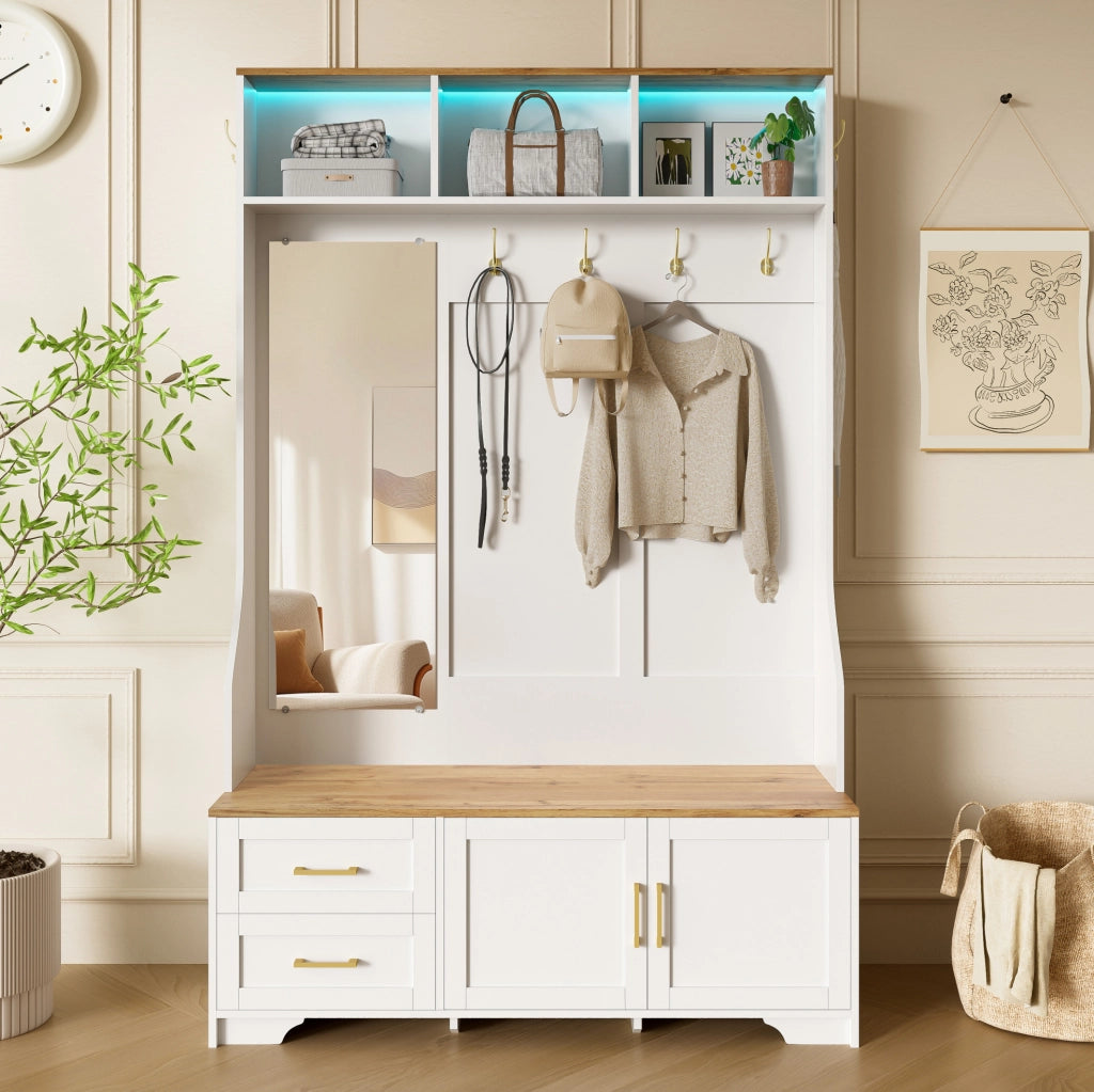 Mobile ingresso multifunzionale con LED; specchio; ganci e cassetti; 120x40x187 cm; MDF bianco e legno